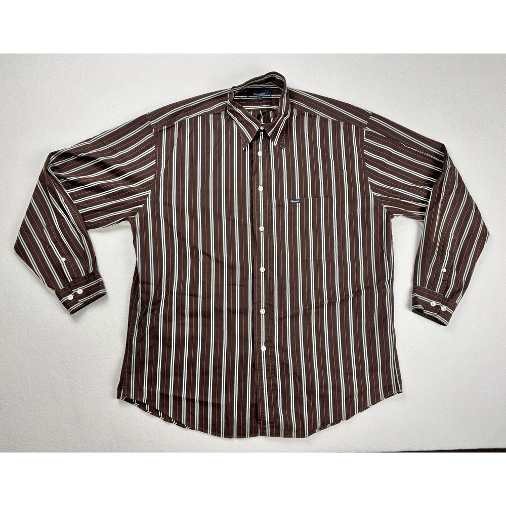 Faconnable Men's XL Button Down Long Sleeve Shirt Brown Red White Striped USA